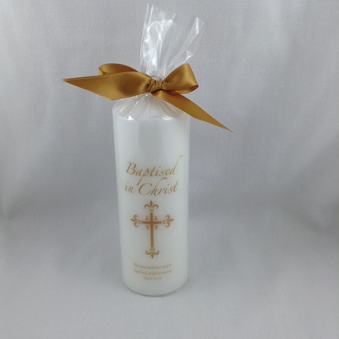 GENERIC BAPTISM CANDLEGOLD BANDED CROSS15CM Church Stores