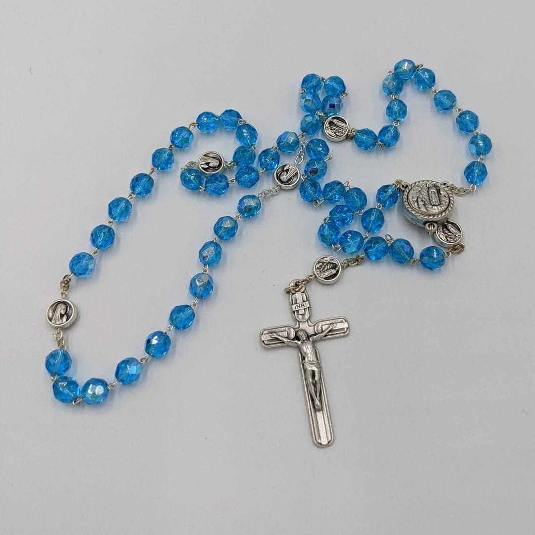 Rosary Beads, Blue Crystal with Lourdes water | Church Stores