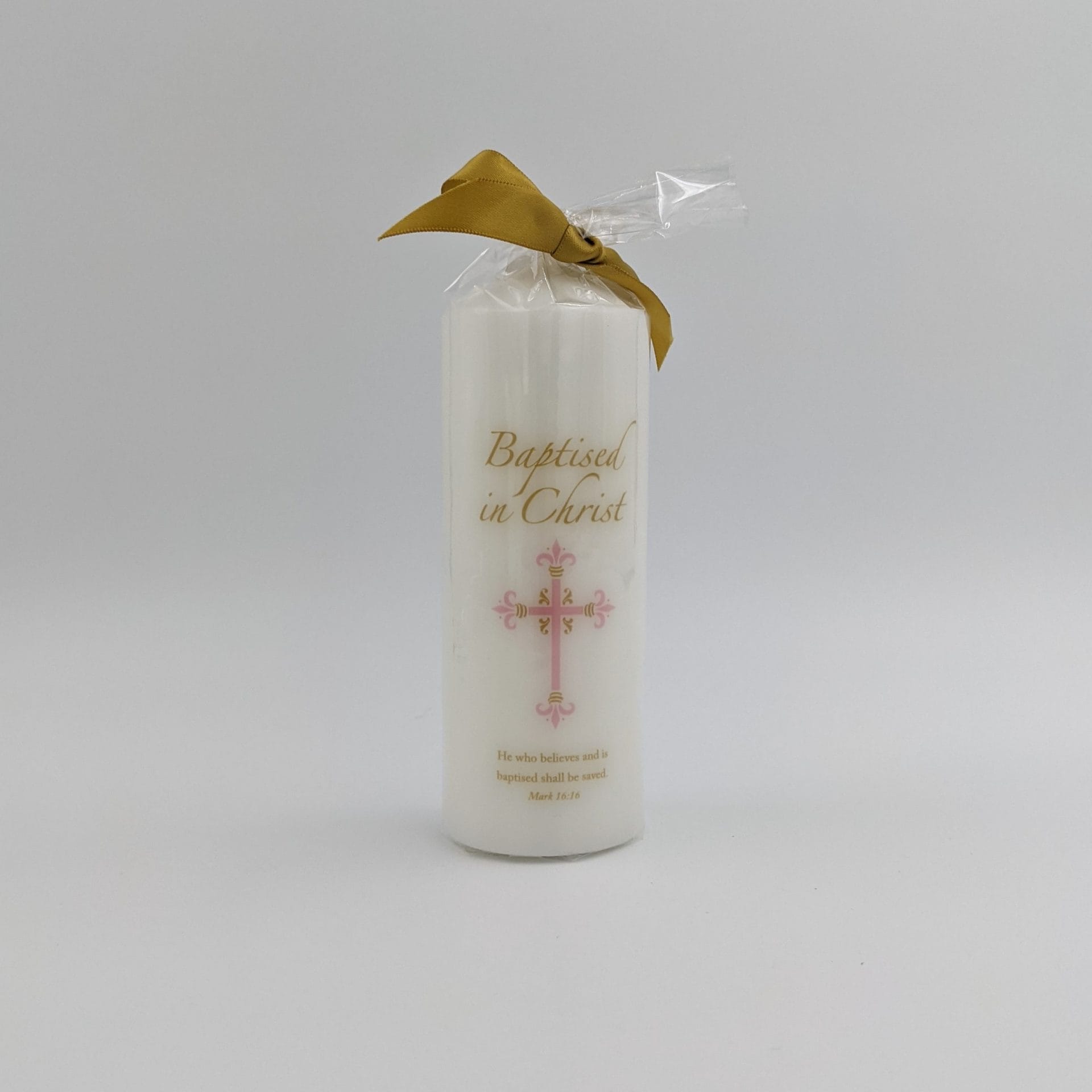 GENERIC BAPTISM CANDLEPINK AND GOLD BANDED CROSS15CM Church Stores